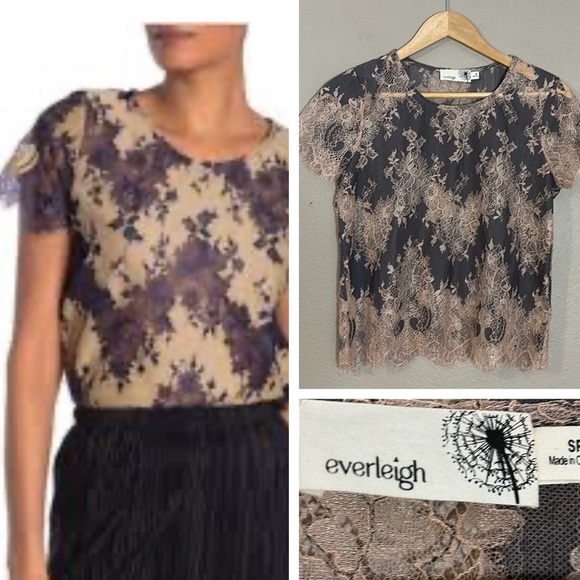 Anthropologie Everleigh Grey/Tan Lace Overlay Top Size Small Petite - Picture 2 of 8